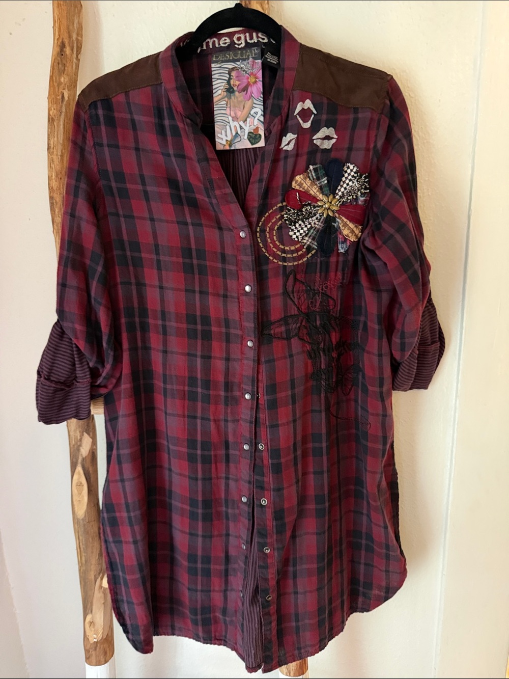 Desigual Burgundy Red Navy Plaid Cotton Flannel Embroidered Button-Down Shirt L